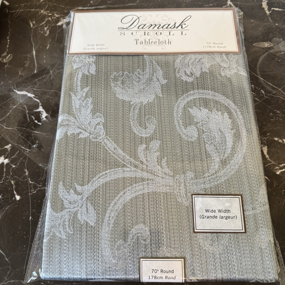 Avon Home Tablecloth Damask‎ Scroll Sage Green 70" Round New In Package